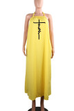 Yellow Sexy Print Split Joint Backless Halter Straight Dresses