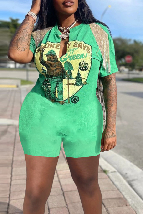 Green Sexy Print Tassel V Neck Skinny Rompers