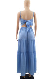 Blue Sexy Solid Bandage Split Joint Backless Stringy Selvedge Spaghetti Strap Straight Dresses