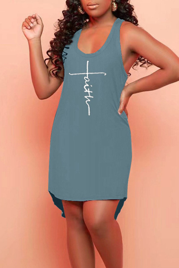 Navy Blue Casual Print Patchwork U Neck Straight Dresses