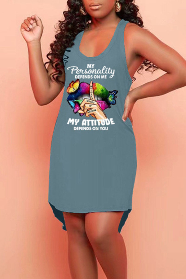 Navy Blue Casual Print Patchwork U Neck Straight Dresses