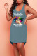 Navy Blue Casual Print Patchwork U Neck Straight Dresses