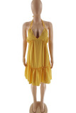 Golden Yellow Sexy Solid Patchwork Halter A Line Dresses