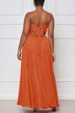 Tangerine Red Sexy Solid Bandage Split Joint Backless Stringy Selvedge Spaghetti Strap Straight Dresses