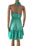 Cyan Sexy Solid Patchwork Halter A Line Dresses