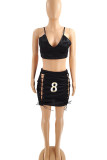 Black Sexy Print Bandage Hollowed Out Patchwork Spaghetti Strap Sleeveless Two Pieces