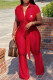 Red Fashion Casual Print Patchwork Turndown Collar Loose Jumpsuits