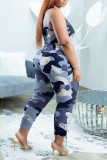 Blue Sexy Print Patchwork U Neck Sleeveless Two Pieces