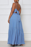 Blue Sexy Solid Bandage Split Joint Backless Stringy Selvedge Spaghetti Strap Straight Dresses