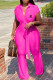 Rose Red Fashion Casual Print Patchwork Turndown Collar Loose Jumpsuits