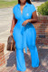 Blue Fashion Casual Print Patchwork Turndown Collar Loose Jumpsuits