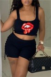 Blue Fashion Casual Lips Printed Bandage U Neck Sleeveless Two Pieces