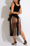 Black Fashion Sexy Solid Tassel Patchwork U Neck Sleeveless Two Pieces