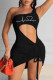 Black Sexy Print Hollowed Out Draw String Frenulum Backless One Shoulder Sleeveless Dress