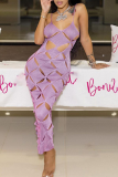 Purple Sexy Solid Hollowed Out Spaghetti Strap Pencil Skirt Dresses
