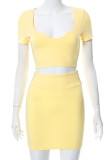 Yellow Fashion Casual Solid Basic O Neck Short Sleeve Two Pieces