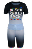 Green Fashion Casual Gradual Change Letter Print Basic O Neck Short Sleeve Two Pieces