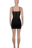 Blue Sexy Solid Patchwork See-through Spaghetti Strap Pencil Skirt Dresses