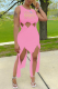 Pink Fashion Print Hollowed Out O Neck Irregular Dress Dresses