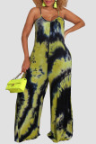 Black Green Casual Print Tie Dye Patchwork Spaghetti Strap Straight Jumpsuits
