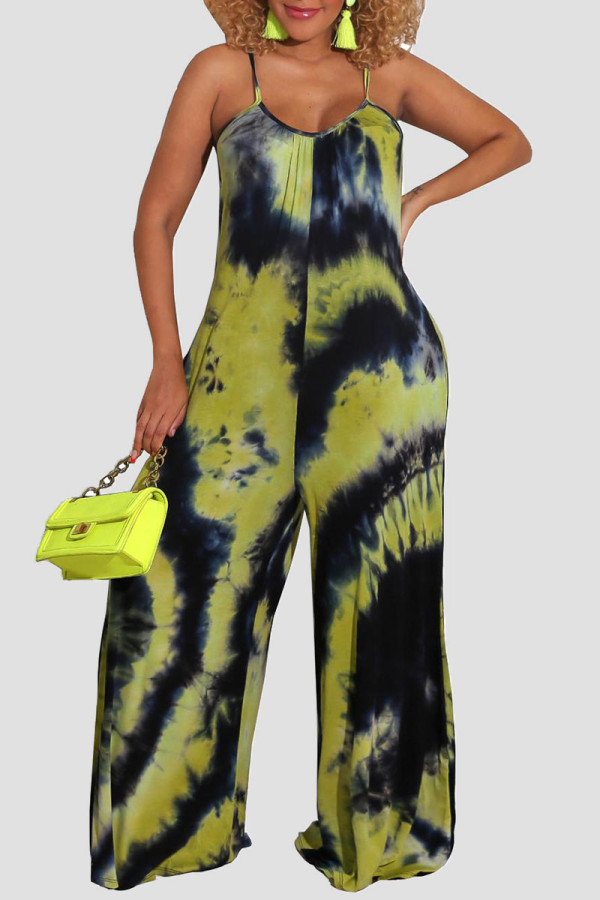 Black Green Casual Print Tie Dye Patchwork Spaghetti Strap Straight Jumpsuits