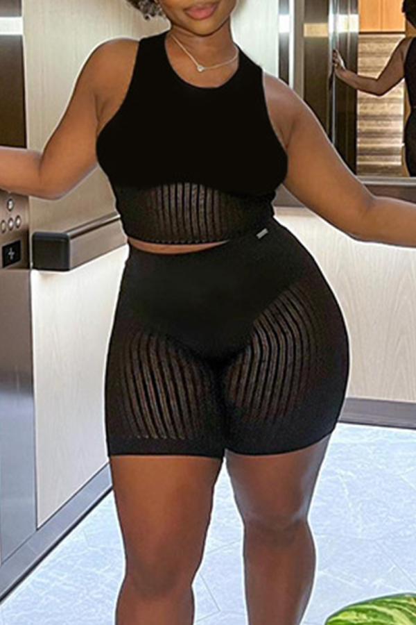 Black Sexy Solid Patchwork O Neck Sleeveless Two Pieces