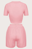 Pink Fashion Casual Letter Print Basic O Neck Short Sleeve Two Pieces