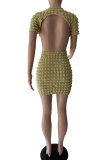 Green Fashion Casual Solid Backless O Neck Short Sleeve Dress