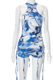 Blue Sexy Print Patchwork Halter Skinny Rompers