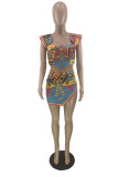 Blue Fashion Casual Print Patchwork Backless Off the Shoulder Short Sleeve Two Pieces