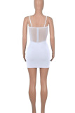 Blue Sexy Solid Patchwork See-through Spaghetti Strap Pencil Skirt Dresses
