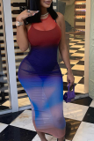 Colour Sexy Gradual Change Mesh Spaghetti Strap Pencil Skirt Dresses