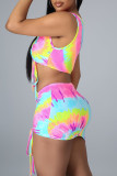 Multicolor Fashion Sexy Print Tie Dye Draw String Frenulum O Neck Sleeveless Two Pieces