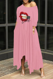 Rose Red Fashion Casual Print Asymmetrical O Neck Long Dress