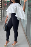 White Casual Solid Patchwork Flounce Fold O Neck Tops