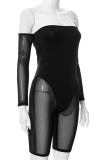 Black Fashion Sexy Patchwork Solid See-through Backless Strapless Skinny Romper