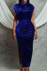 Deep Blue Fashion Sexy Solid Slit Half A Turtleneck Evening Dress