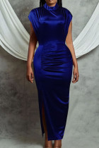 Deep Blue Fashion Sexy Solid Slit Half A Turtleneck Evening Dress