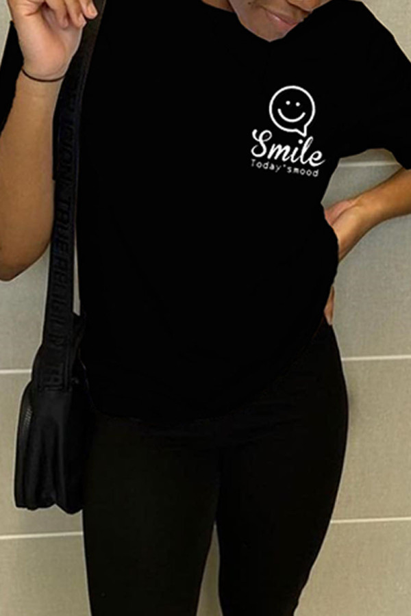 Black Fashion Casual Print Basic O Neck T-Shirts