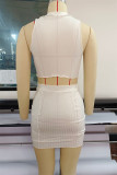 Cream White Fashion Sexy Solid Asymmetrical O Neck Sleeveless Two Pieces