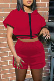 Red Fashion Casual Solid Patchwork Hooded Collar Short Sleeve Two Pieces