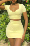 Yellow Fashion Casual Solid Basic O Neck Short Sleeve Two Pieces