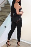 Black Sexy Solid Hollowed Out Halter Skinny Jumpsuits