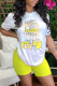 Yellow Fashion Street Print Letter O Neck Short Sleeve Two Pieces