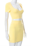Yellow Fashion Casual Solid Basic O Neck Short Sleeve Two Pieces