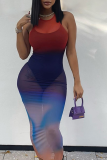 Colour Sexy Gradual Change Mesh Spaghetti Strap Pencil Skirt Dresses