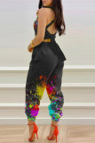 Black Sexy Casual Print Bandage Backless Spaghetti Strap Regular Jumpsuits