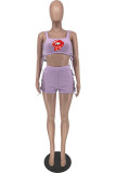 Blue Fashion Casual Lips Printed Bandage U Neck Sleeveless Two Pieces