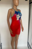Red Sexy Gradual Change Print Patchwork Halter Skinny Rompers