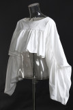 White Casual Solid Patchwork Flounce Fold O Neck Tops